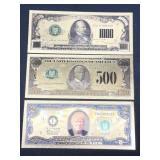 (3) Gold Bills - $1000, $500, & $2