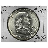 1955-P Franklin Silver Half Dollar-Bugs Bunny Lips