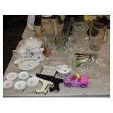 Clear Glass Lot; pattern pitchers, candlestands,