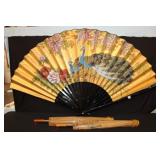 Large handpainted folding fan & 2 umbrellas