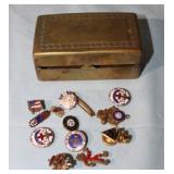 Collection of Assortted Pins, Brass Box