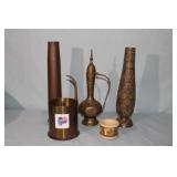4pc Brass Lot; 2 India tea pot, vase, Artillery