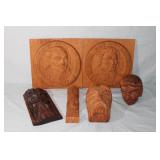 6pc Carvings , plaques, heads