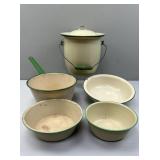 Cream & Green Enamelware - Chamber Pot, Pan, Bowls