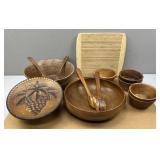 Wooden Serving Bowls & Utensils; Wooden Stand; Cut
