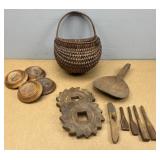 Wall Basket; Butter Paddle; Wooden Gears & Dowels