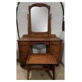 Maple Kneehole Vanity With Mirror & Stool
