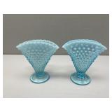 Fenton Blue Opalescent Hobnail Fan Vases