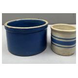 Blue Stoneware Crock; Cream "Grain Sack" Stonewa