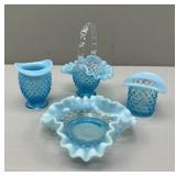 Fenton Blue Opalescent Hobnail Basket, Vase, Dish,