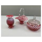 Fenton Cranberry Opalescent Hobnail Basket, Jar, V