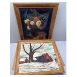 Signed Floral & Snowy Farm Paintings