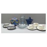 Pope Gosser Cups/Saucers; Cracker Jar; Blue Glass