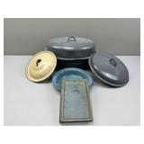 Gray Graniteware Roaster; Blue Enamelware; Lids; C