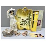 Asian Motif Bowl, Geisha,Chop Sticks,Cocktail Fork