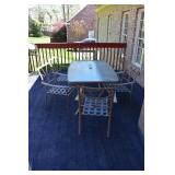 Patio table, 6 chairs, storage bin and cushions