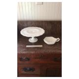 Milk glass cake stand and dish
