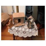 lot of wooden items and brass candle holder