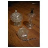 2 Vintage candy dish and antique oil lamp