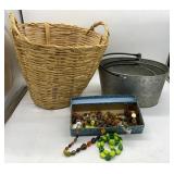 JEWELRY, WICKER BASKET AND METAL PAILS