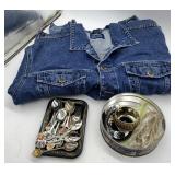 DENIM JACKET, COLLECTOR SPOONS AND BRACELET/BELT