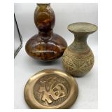 BRASS PLATE AND 2 VASES