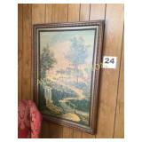 Vintage framed picture of house and waterfall