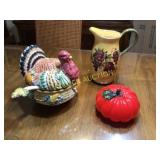 Ceramic turkey bowl w/ladle, pitcher & red art