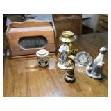Wooden bread box & figurines