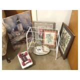 Wire shoe rack, vanity mirror, hand weights &