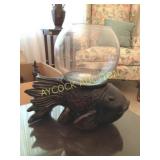 Wooden fish w/fish bowl, decorative vases,