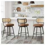 $210 SWIVEL UPHOLSTERED COUNTER STOOLS WITH RATTAN