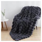 COZY LUXURY DARK GRAY FAUX FUR THROW BLANKET, SOFT
