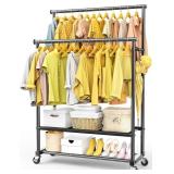 ROLLING CLOTHES RACK WITH DOULE ROD FOR HANGING, H