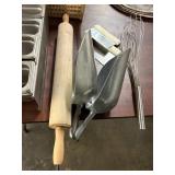 1 LOT WOOD ROLLING PIN, (2) ICE SCOOPS, (1) S.S LA