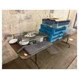 1 LOT OF ASST DISHES, DISH RACKS, FULL SHEET PANS,