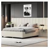 NESTFAIR BEIGE WOOD FRAME QUEEN UPHOLSTERED PLATFO