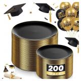 KIRE 200PCS BLACK PLASTIC PLATES - BLACK AND GOLD