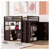 $703 ESPRESSO FULL SIZE LOFT BED WITH DRAWERS, DES