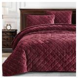 CHEZMOI COLLECTION LUX BURGUNDY VELVET QUILT KING
