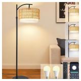 RUSTIC BLACK FARMHOUSE FLOOR LAMP WITH WOVEN RATTA