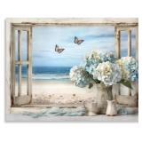 VINTAGE OCEAN VIEW WINDOW CANVAS WALL ART, HIGH-RE