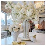 GINGER JAR, 18' WHITE GOLD CERAMIC VASE WITH GOLD