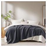 WAFFLE WEAVE DARK GREY COTTON TWIN WOVEN BLANKET