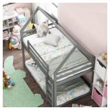 $412 GRAY TWIN OVER TWIN LOW BUNK BED, HOUSE BED W