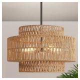 19" BOHO RATTAN CHANDELIER FOR DINING ROOM LIGHT F