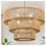 $240 25.19" BOHO HAND WOVEN RATTAN CHANDELIER LIGH