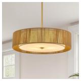 VONLUCE 20" BOHO RATTAN CHANDELIER, 4-LIGHT DRUM C