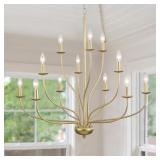 $160 GOLD CHANDELIER 12 LIGHT, LARGE PAINTED GOLD