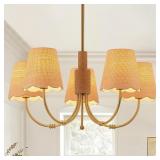 $130 BOHO RATTAN CHANDELIER WITH FABRIC SHADE, ANT